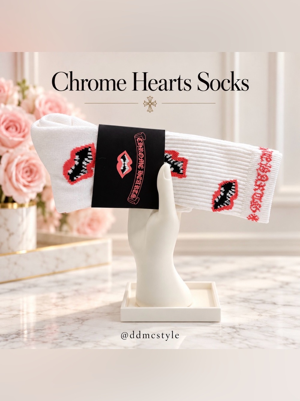 Japan women’s Chrome Hearts Lip Motif Crew Socks White Large NWT